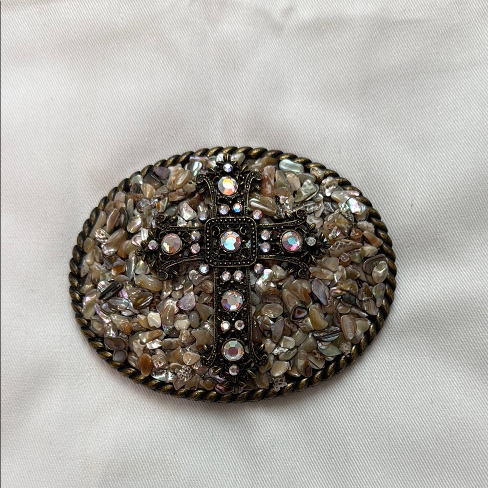 Cream and Silver Ornate Belt Buckle with Crystal Cross